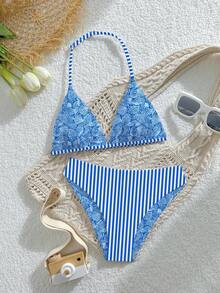 SHEIN Teen Girls 2pcs Reversible Swimwear Set, Halter Top With Adjustable Buckle And Triangle Bikini Bottom, Shell & Stripe Print Knit Fabric, Casual Style For Summer Beach, Pool, Vacation, Summer Holiday Party - Multicolor - View 4