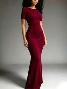INAWLY Solva Women's Solid Color Elegant Elegant Mermaid Hem Dress Evening Formal - Burgundy - View 4