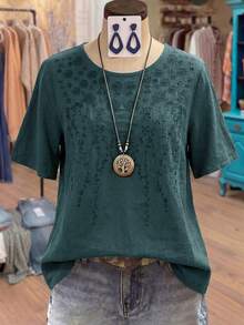 SHEIN LUNE CURVE 大尺碼女款素色仿亞麻圓領刺繡七分袖休閒襯衫 - 藍色 - 查看 1