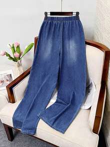 SHEIN Teen Girls Washed Casual Soft Thin Elastic Waist Denim Jeans, Spring/Summer - Dark Wash - View 2