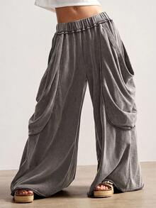 Bohemela Casual Solid Color Knit Loose Washed Women's Long Pants - Coffee Brown - View 7
