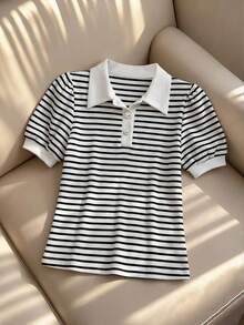 GlowEve CURVE Women White Contrast Collar Elegant Polo Shirt, Half Placket Pearl Button Puff Short Sleeve Slim Rib Top Office Summer - Black and White - View 7