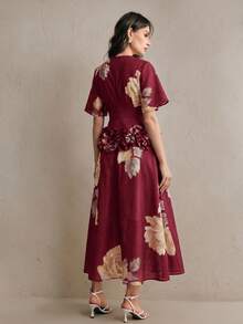 Anewsta 女款春夏季優雅多色花卉印花圓領短袖A字收腰顯瘦長洋裝，胸前波浪蓮花荷葉邊飾增添層次感，浪漫優雅，適合日常穿著、度假、婚禮、海灘及其他場合 - 紅色 - 查看 2