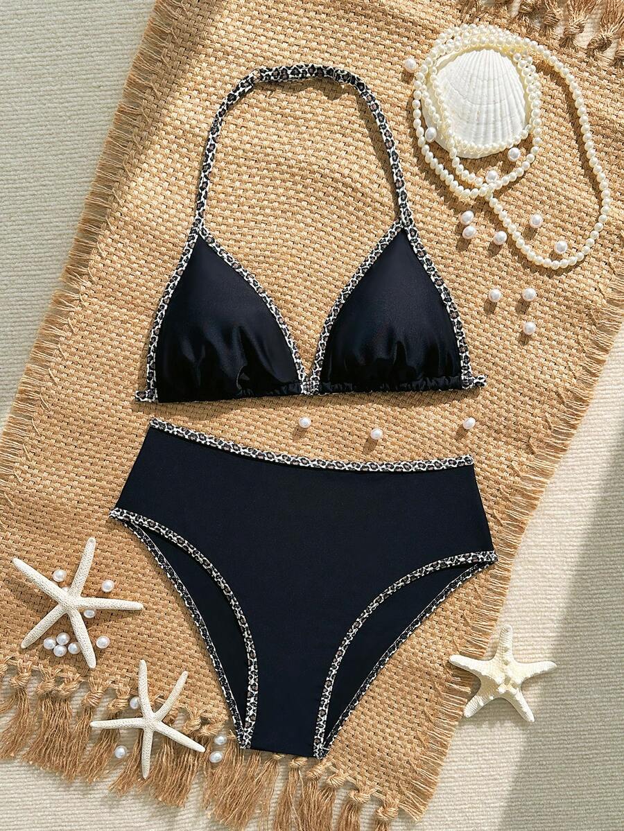 SHEIN Teen Girls' 2-Piece Black Bikini Swimsuit Set, Fashionable Two-Piece Swimwear For Beach Party - Multicolor - View 1