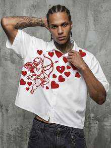 Manfinity ZONE917 Boxy Cropped Street Style Fun Red Little Angel All-Over Heart Print White Short Sleeve Shirt, Suitable For Spring And Summer, Gift For Boyfriend - Multicolor - View 7