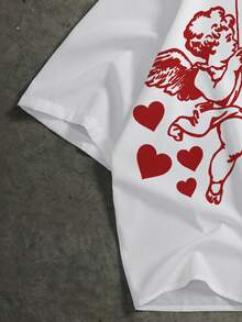 Manfinity ZONE917 Boxy Cropped Street Style Fun Red Little Angel All-Over Heart Print White Short Sleeve Shirt, Suitable For Spring And Summer, Gift For Boyfriend - Multicolor - View 4
