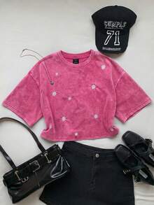 Comfortcana 女款休閒花卉刺繡水洗圓領落肩T恤，夏季上衣，桃紅色 - 玫紅色 - 查看 7