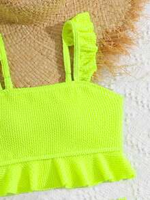 SHEIN Tween Girls Camisole Style Bikini Solid Color With Ruffle Trim Special Fabric - Yellow - View 3