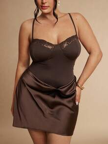 SHEIN BAE CURVE Plus Size Women's Lace Trim Sexy Date Party Spaghetti Strap Dress, Summer Outfits, Independence Day, 4th Of July, Elegant - Brown - View 6