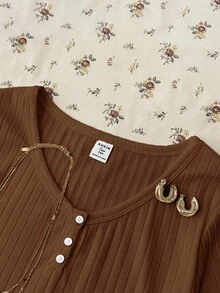 Teen Girl Teen Girl Summer New Snug Fit Versatile Brown Ribbed Knit Round Neck Button Short Sleeve Top - Brown - View 7
