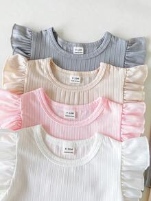 SHEIN Playful Pals 8件組/女嬰0-3歲春夏季新品休閒日常外出可愛素色針織不對稱羅紋短袖背心T恤上衣與短褲8件套裝 - 彩色 - 查看 4