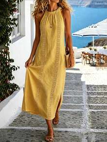 Louniche Women's Summer Solid White Lace Long Casual Vacation Dress - Yellow - View 6