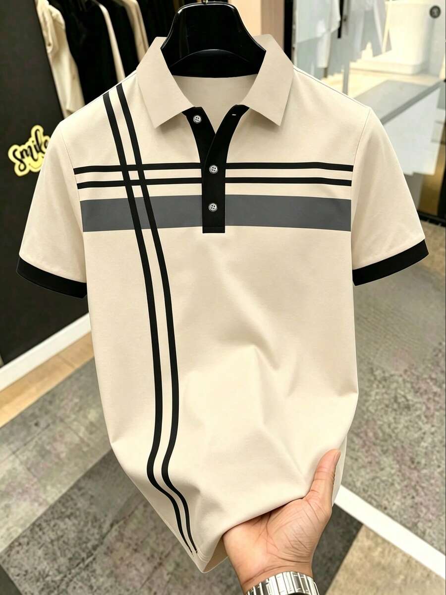Calvornis 男士拼色短袖四分之一鈕扣工作休閒 Polo 衫,男友禮物,正式場合適用 - 米色 - 查看 1