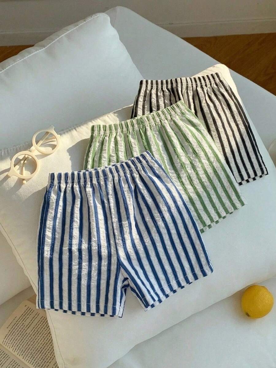 SHEIN 3件組男嬰女嬰彩色條紋彈性腰圍短褲套裝,休閒百搭,適合夏季、旅行、日常穿著 - 彩色 - 查看 1