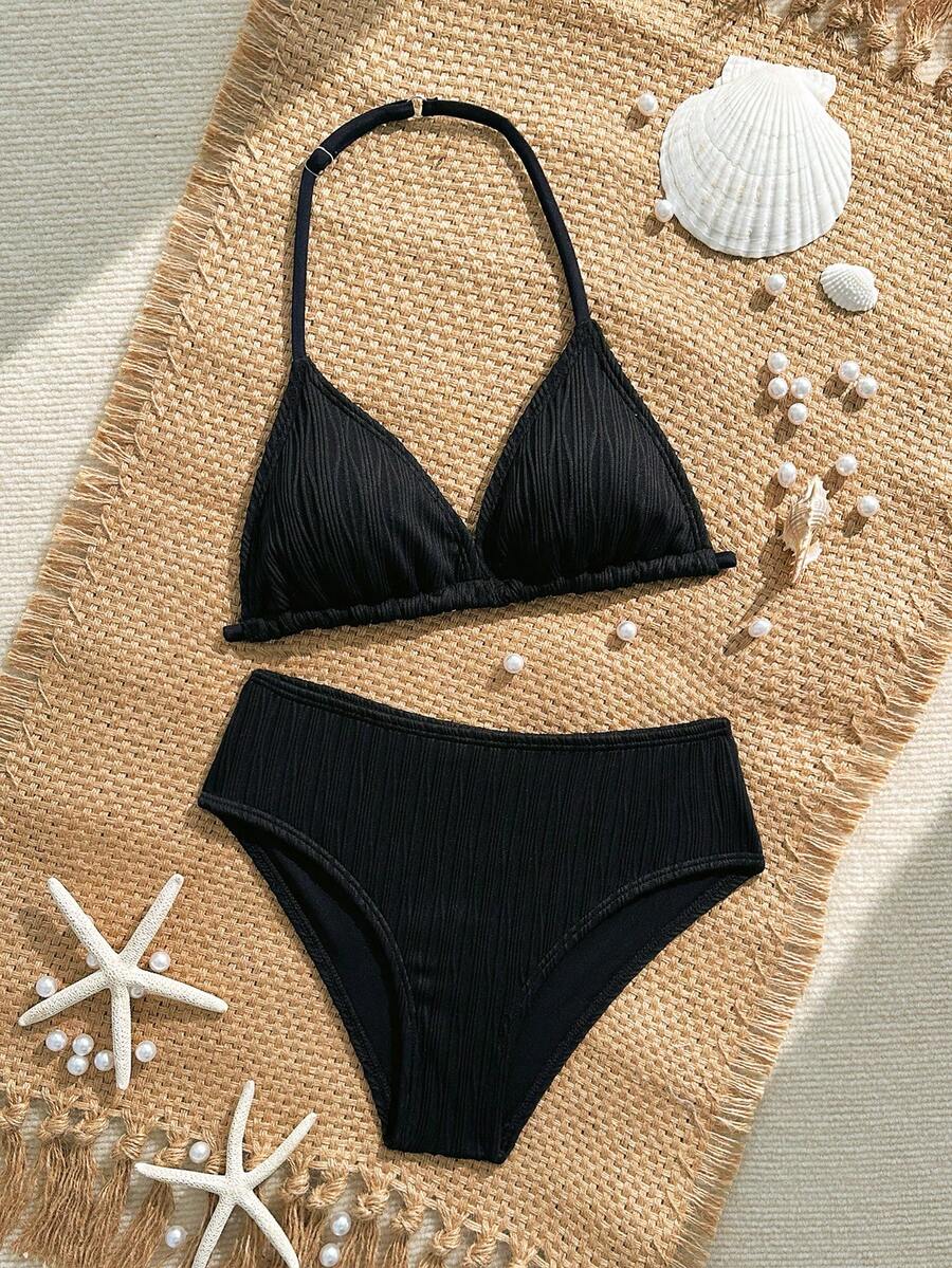SHEIN 青少年女孩比基尼套裝,2件式泳衣套裝,黑色針織特殊面料,三角上衣配掛脖與抽繩設計,時尚休閒優雅成熟淑女風,適合游泳、夏季度假、海灘、泳池、夏季假期派對 - 彩色 - 查看 1