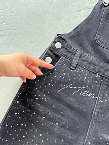 SHEIN Tween Boy Street Casual Graphic Diamond-Studded Design Loose And Comfortable Denim Drawstring Shorts Back-To-School School Grey Summer - Black - View 6