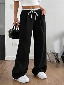 SHEIN PETITE CURVE 大码女式休闲撞色裤，女式春秋季休闲抽绳口袋阔腿黑色宽松长裤，休闲舒适抽绳腰阔腿裤 - 黑色 - 查看 8