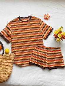 Comfortcana 2pcs Women Orange Red Contrast Color Round Neck Short Sleeve Top And Casual 2000s Shorts Set Vacation Summer - Brown - View 3