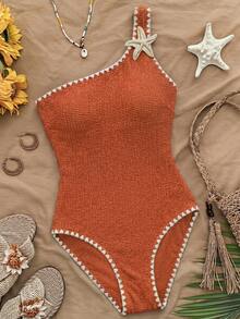 SHEIN Teen Girl Textured Metallic Starfish Decor Shell Embroidery One-Piece One-Shoulder Jumpsuit - Rust Brown - View 3