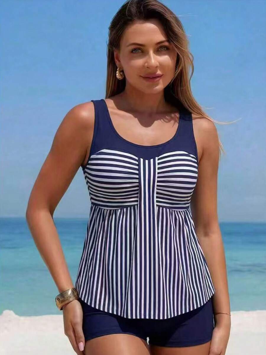 Swim Lushoire 2件套条纹拼接前褶皱设计女士吊带比基尼上衣连体泳衣,条纹连体泳衣上衣塑形泳衣泳裤 - 藏蓝色 - 查看 1
