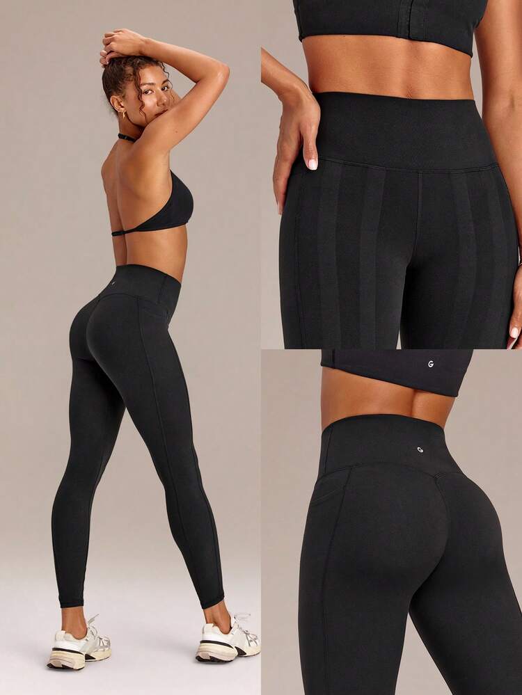 26" FeatherFit™-Sculpt InstaCinch Tummy Control Non-See Through Compressive Resistance Leggings With Side Pockets Training Workout Gym Fitness