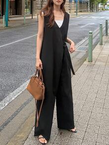 FRIFUL Women's Summer New Solid Color Layered Waist D-Ring Belt Loose Casual Versatile Jumpsuit - Black - View 4