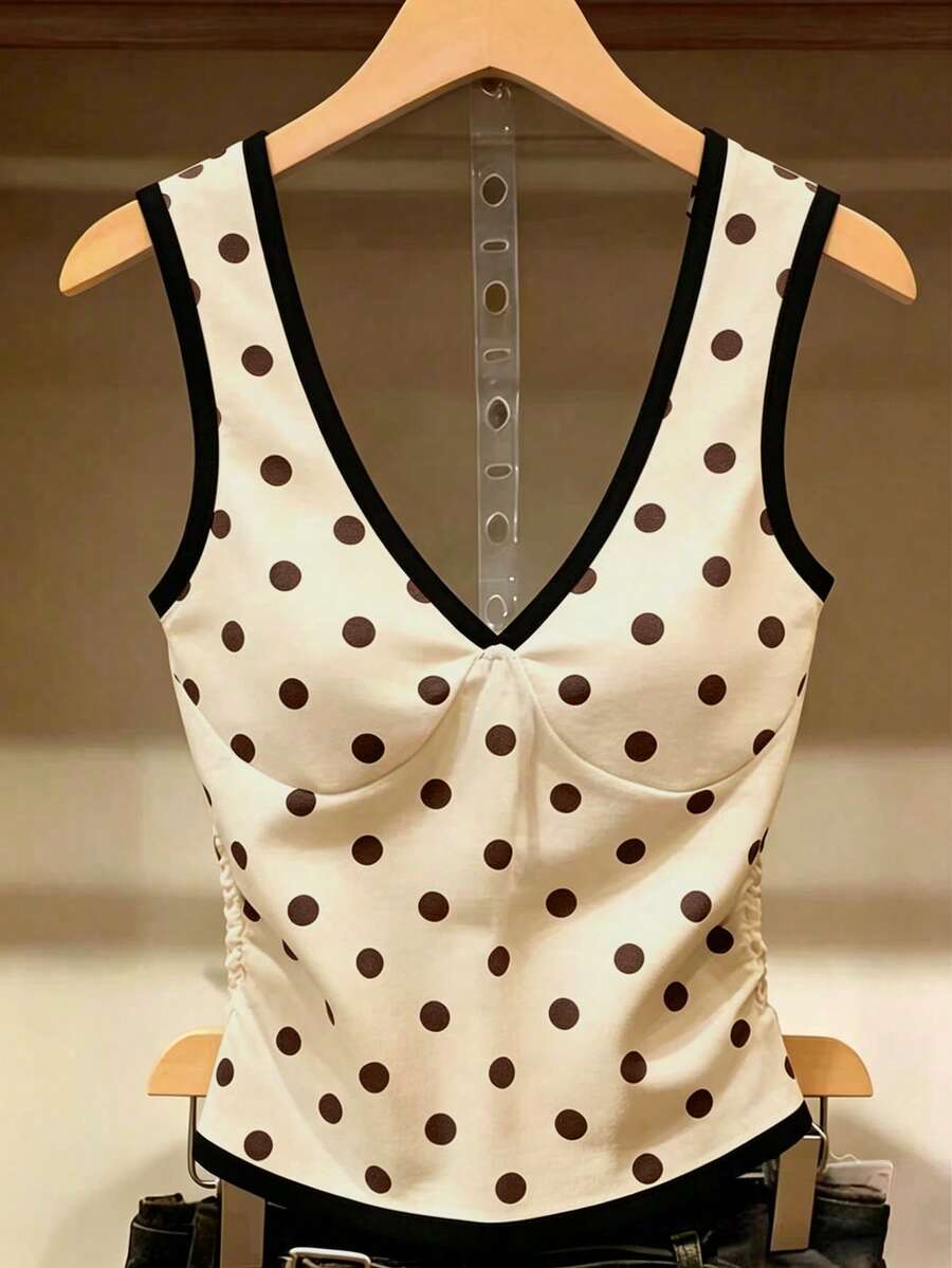 Franclia 2026 New Women's Polka Dot V-Neck Sleeveless Tank Top, Summer Casual Slim Fit Camisole With Contrast Binding, Versatile Layering Polka Dot Vest - Apricot - View 1
