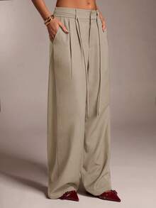 SHEIN Tall CURVE 大码女式纯色口袋休闲百搭日常裤 - Volcanic Gray - 查看 6