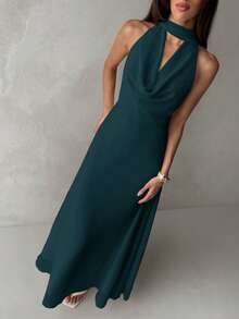 Aloruh Women's Yellow Cowl Neck A-Line Backless Dress With Straps - Teal Blue - View 6