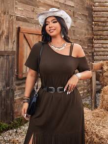 Ceyna Gaun Kasual Wanita Ukuran Besar dengan Kerah Asimetris, Gaya Liburan, dan Rumbai. - Coklat - View 4