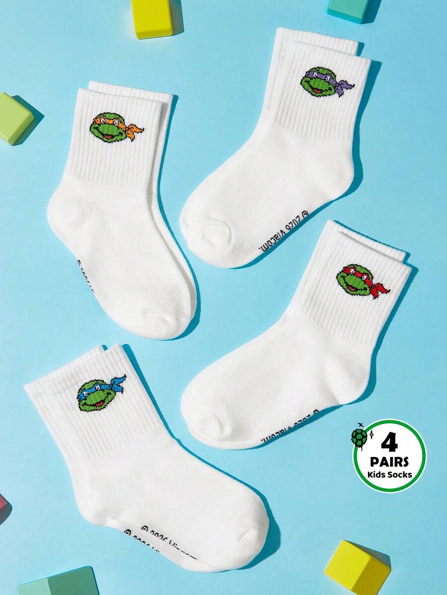 TEENAGE MUTANT NINJA TURTLES | SHEIN 4雙兒童棉質軟透吸濕管襪,忍者龜卡通圖案,加強腳趾與腳跟,耐穿,男女通用,適合四季,適用於學校與戶外活動 - 白色 - 查看 1