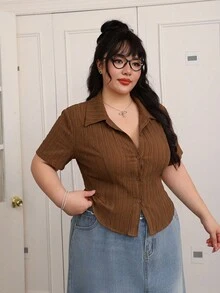 CovetEZ Spring/Summer Wave Pattern Jacquard Casual Solid Color Front Button Plus Size Short Sleeve Slim Fit Flattering Shirt - Brown - View 6