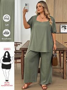 SHEIN CURVE+ 大尺碼女款純色短泡泡袖上衣與長褲休閒兩件套 - 綠色 - 查看 1