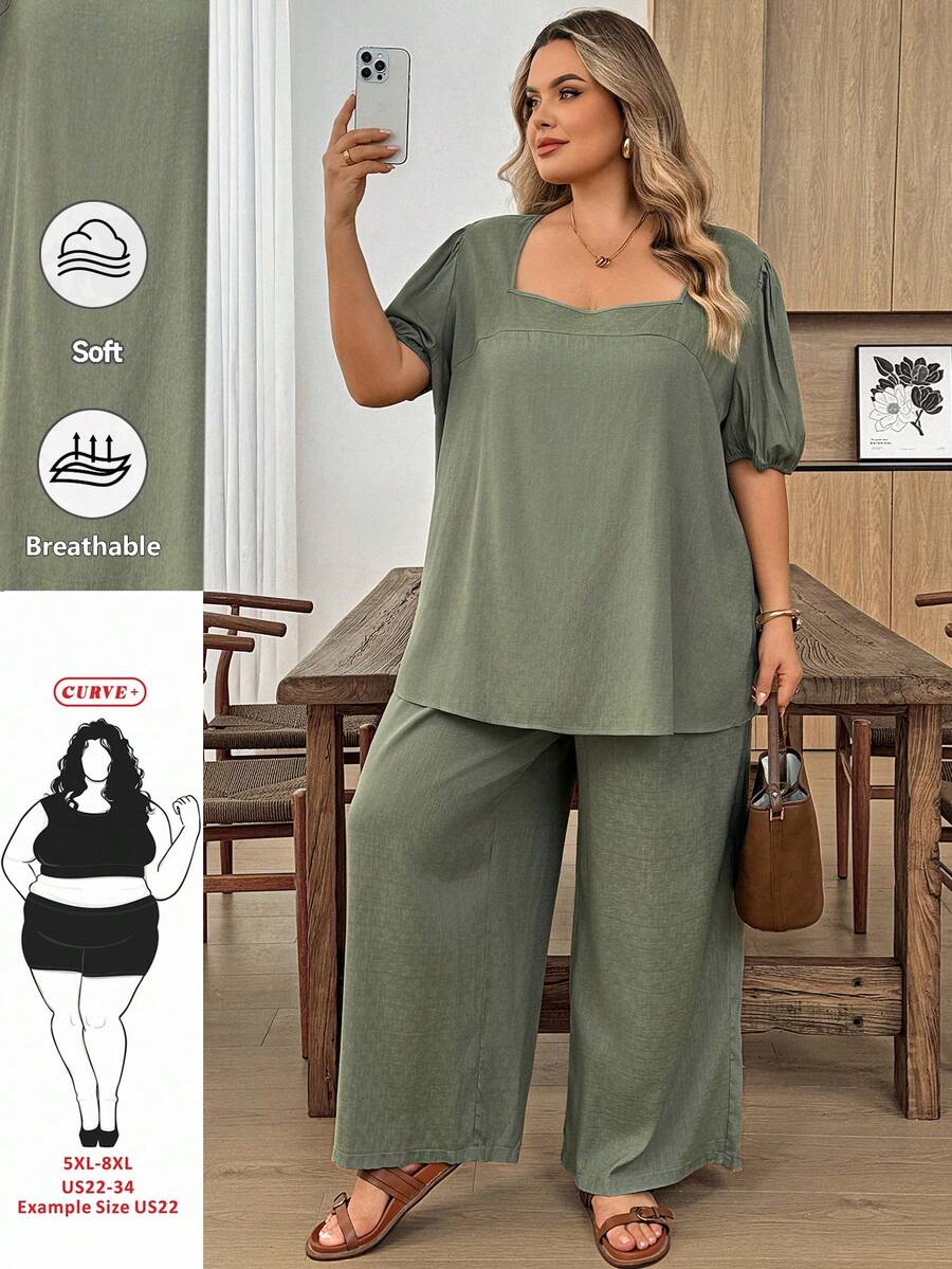 SHEIN CURVE+ 大尺碼女款純色短泡泡袖上衣與長褲休閒兩件套 - 綠色 - 查看 1