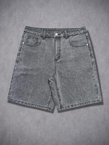 Manfinity Denimwave Pantalones cortos de mezclilla gris lavada con estampado de ángel gótico estilo callejero americano para hombres - Gris - Ver 2