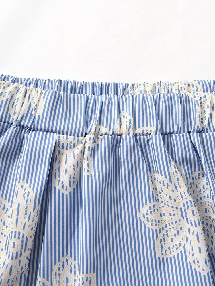 Plus Size Casual Commuter Striped Floral Print Shirt And Skirt 2-Piece Set