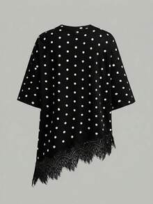 SHEIN Kids Teen Girls T-Shirts Spring Summer New Casual Black And White Fashion Polka Dot Asymmetric Hem Lace Patchwork T-Shirt, Versatile For Daily Wear, Spring Summer Casual Top, Suitable For Vacation, Summer, Spring, Spring Break And Various Occasions, Including Beach Dress, Casual Shirt, Outing Top And Summer Top. - Black - View 2