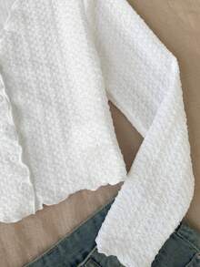 SHEIN Jaket Kardigan Putih Rajut Bergaris Leher V dengan Hiasan Ruffle untuk Remaja Perempuan Musim Gugur/Dingin, Cocok untuk Kembali ke Sekolah, dan Pakaian Serasi Ibu dan Anak. - Putih - View 6
