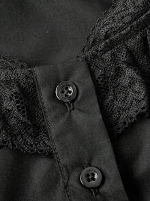 SHEIN MOD Women's French Romantic Sweet Lace Patchwork Single-Breasted Shirt For Dating Going Out Black Summer - Black - View 5