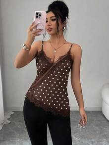 Rafferiza Women's Elegant Polka Dot Lace Patchwork Camisole - Coffee Brown - View 5