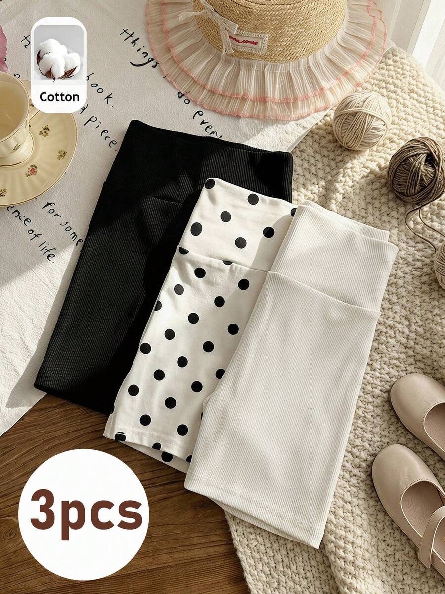 SHEIN LMoss Kids 3件套女童针织纯色波点休闲短裤套装