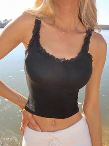 Sydney Algeri Camisola de mujer de verano con patchwork de encaje y decoración de lazo, ajuste ceñido, casual & sexy, color negro - Negro - Ver 5