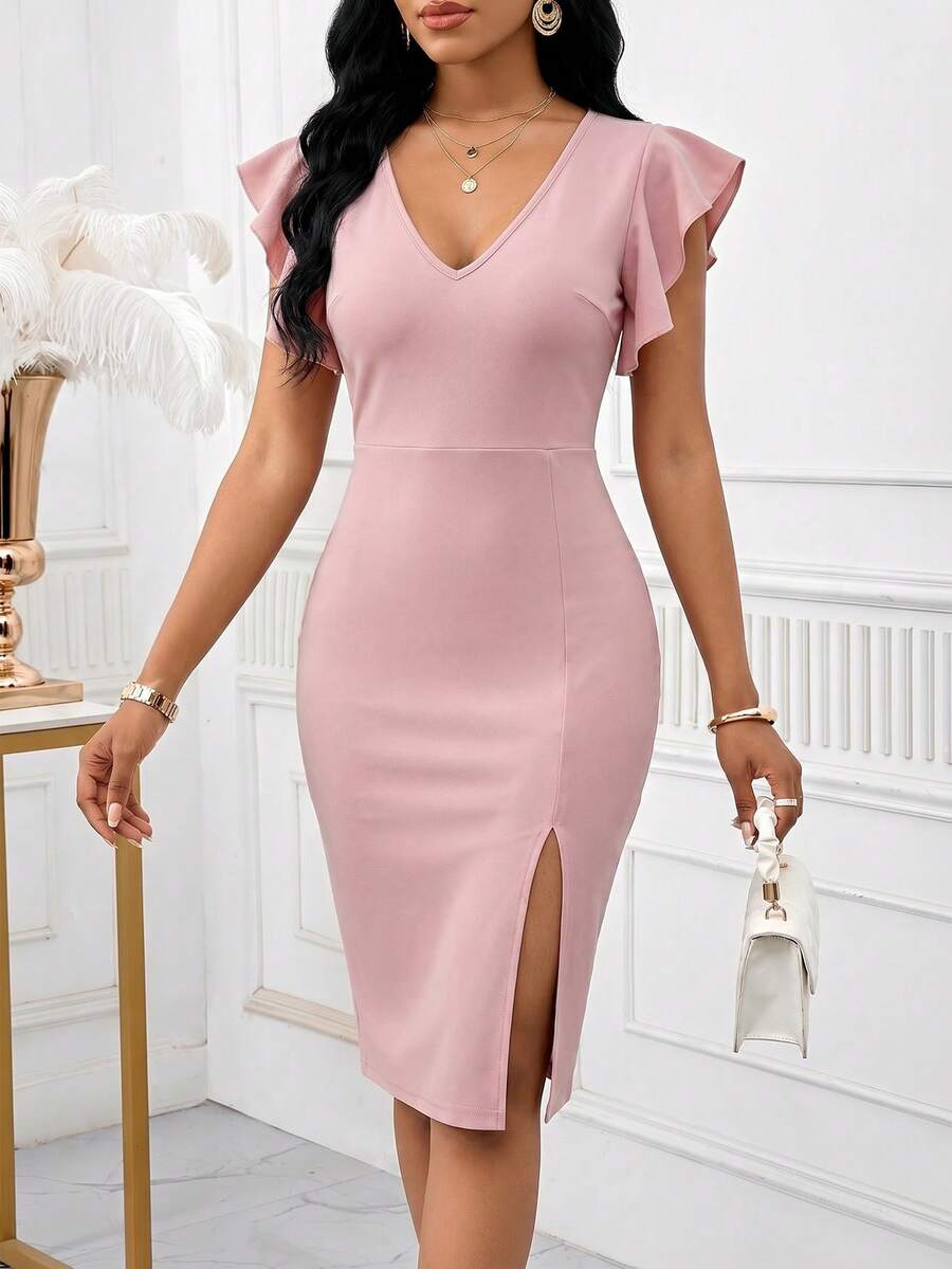 SHEIN Lady Ladies' Plain Simple Daily Split Side Ruffled Sleeve Dress,Pastel Dresses For Women - Pink - View 1
