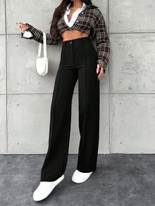 SHEIN PETITE Lässige einfarbige Weite-Bein-Hose für zierliche Frauen - Schwarz - Übersicht 6