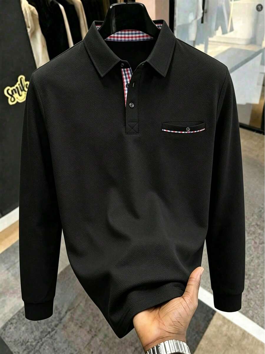 Manfinity Homme Áo thun polo nam họa tiết kẻ caro tay dài cổ bẻ nhiều màu, thường ngày dành cho chồng, mùa thu - màu đen - Xem 1