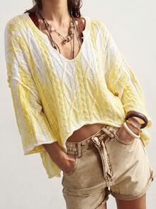 Bohemela Women's Autumn/Winter Casual Vacation Tie Dye Retro Twisted Knit V-Neck Sweater - Yellow - View 5