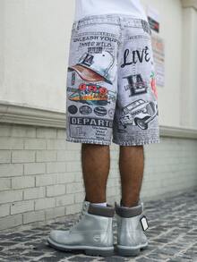 Manfinity EMRG Men's Hip Hop Street Style 3D Print Washed Denim Shorts - Grey - View 2