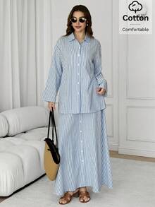 Solavon Women's Blue And White Striped Dropped Shoulder Long Sleeve Single-Breasted Shirt And Skirt Casual Modest Two Pieces Set Vacation - Blue and White - View 5