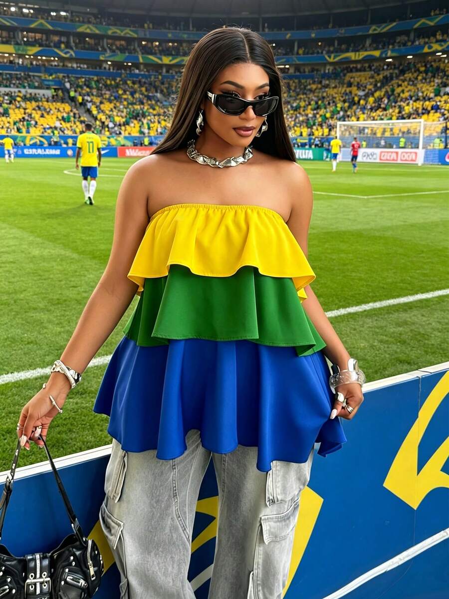 Maweii Large Solid Color Multi-Layer Suitable For Football Matches, World Cup Football, Multi-Color Splicing, Wave Stacking, Ruffle Edge Wrapped Chest, Versa - Multicolor - View 1
