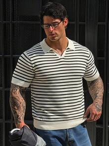 DAZY Summer Short Sleeve Striped Black And White Men's Plus Size Knit Top - Multicolor - View 6